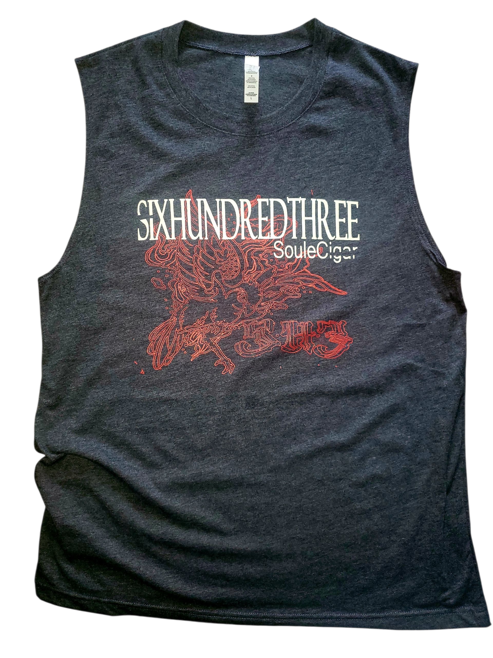 Black sleeveless shirt with red and Cream graphic design