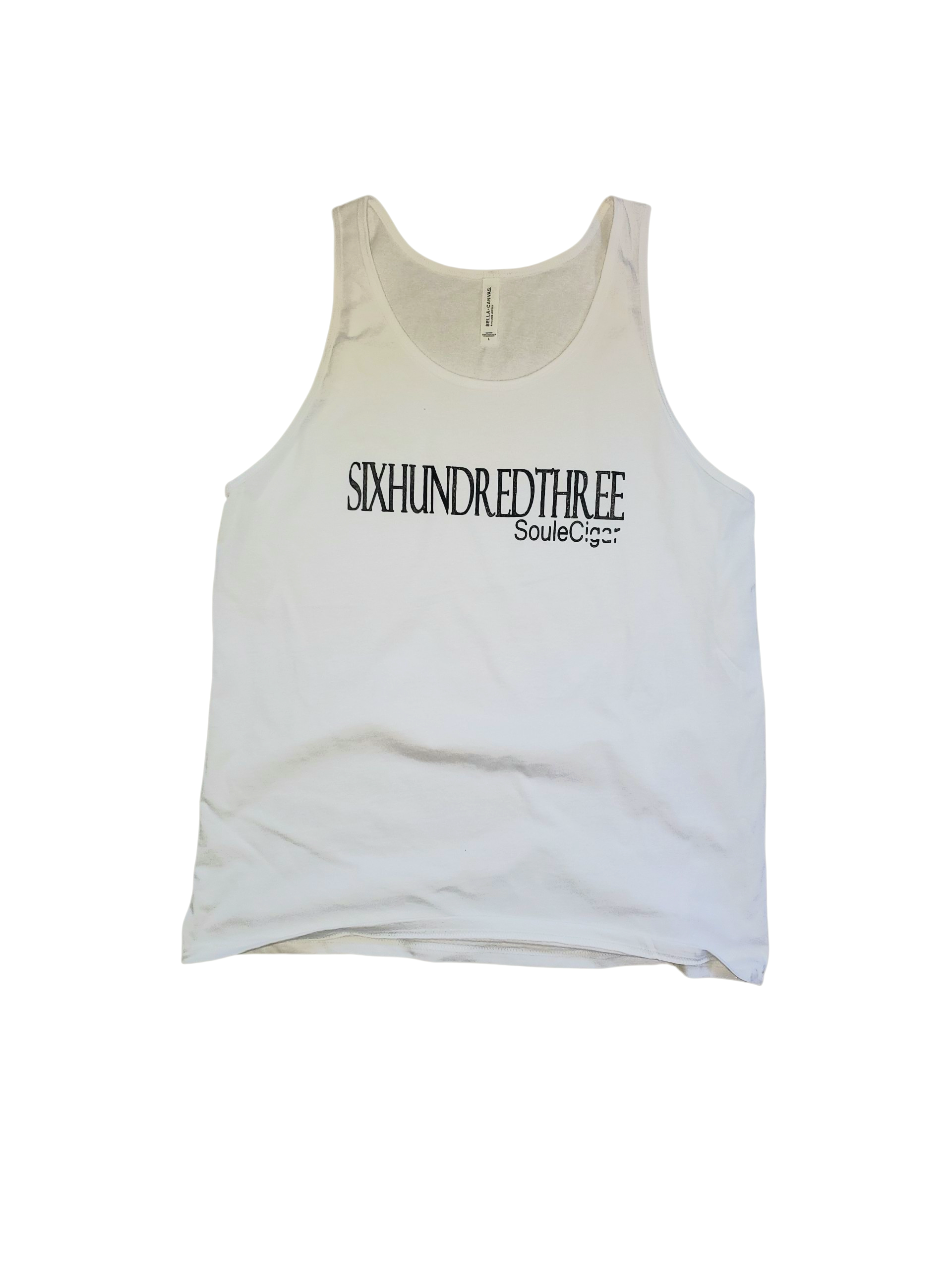 White tank top with black text on a white background